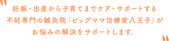 妊娠・出産から子育てまでケア・サポートする不妊専門の鍼灸院「ビッグママ治療室八王子掛川店」がお悩みの解決をサポートします。